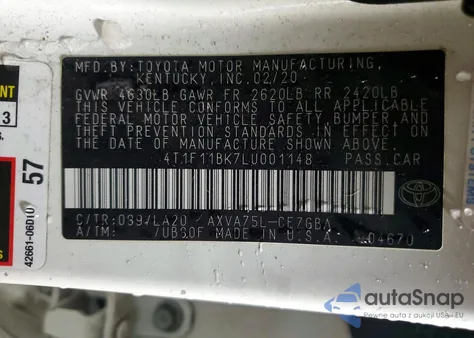 2020 Toyota Camry Xle из США, поврежденный, VIN 4T1F11BK7LU001148